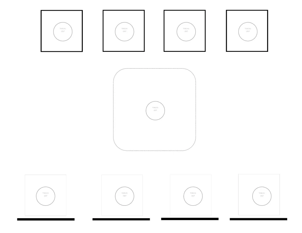 Four-letter spelling template for interchangeable picture and letter cards, with marked Velcro locations