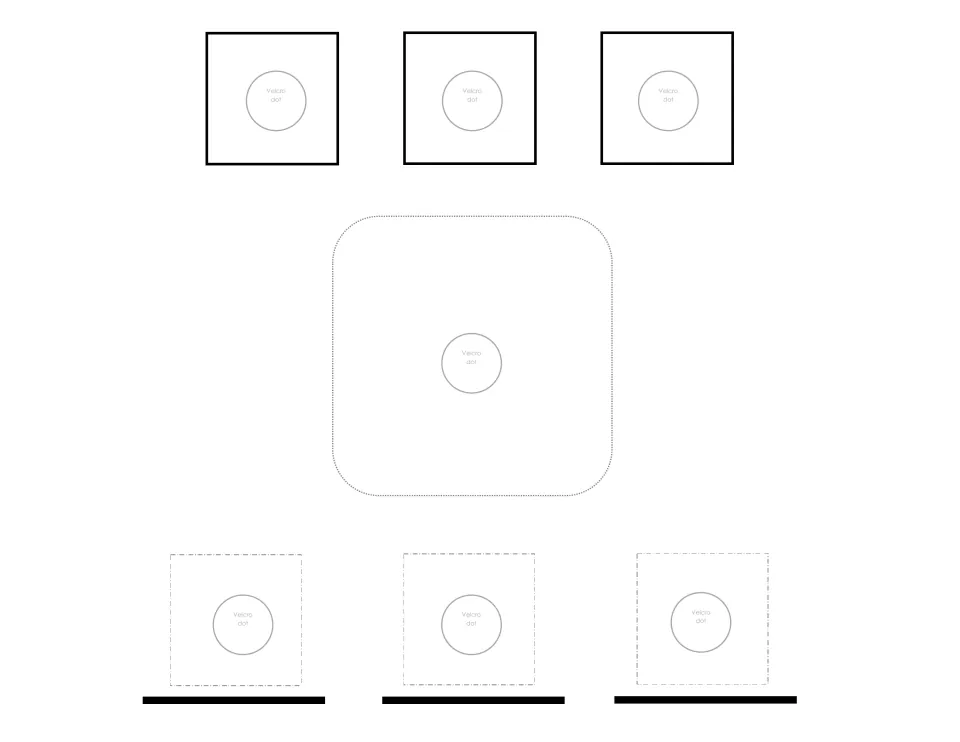 Three-letter spelling template for interchangeable picture and letter cards, with marked Velcro locations