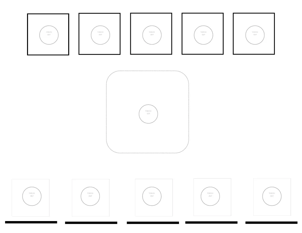 Five-letter spelling template for interchangeable picture and letter cards, with marked Velcro locations