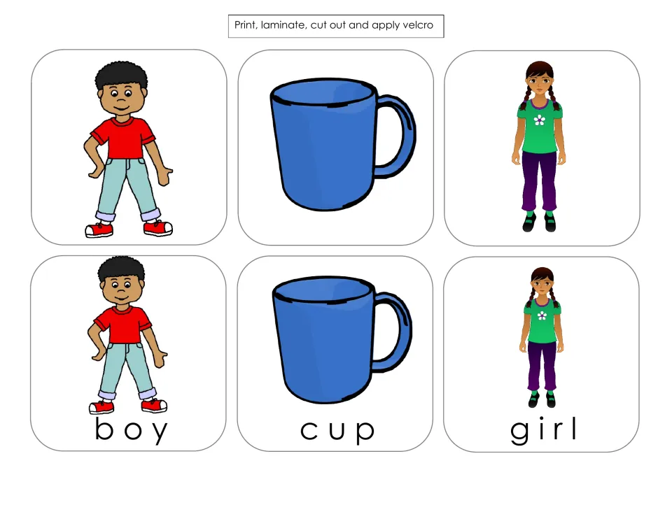 Spelling card sheet for boy, cup and girl: six cut-out cards pairing unlabeled pictures with labeled versions