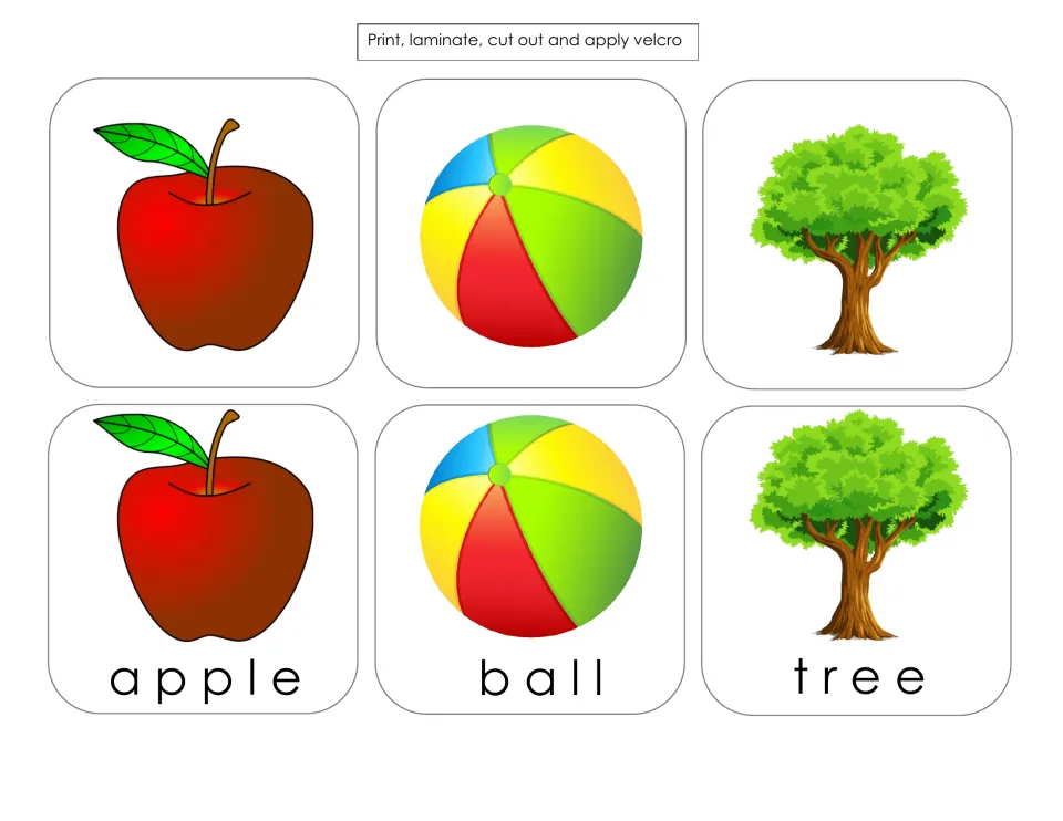 Spelling card sheet for apple, ball and tree: six cards pairing unlabeled pictures with labeled versions