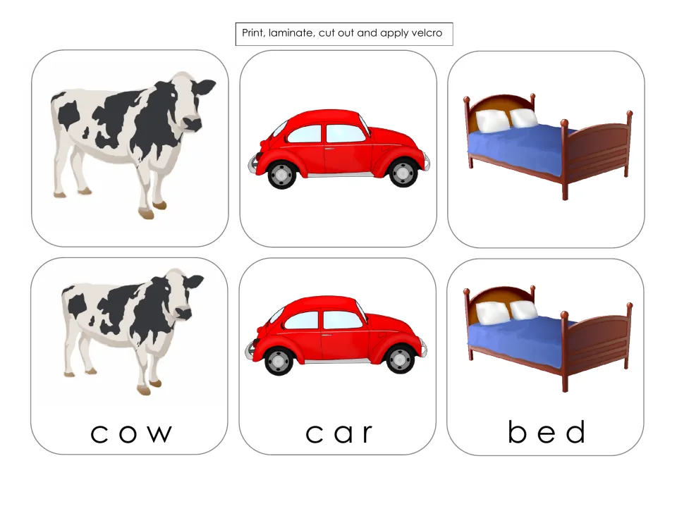 Spelling card sheet for cow, car and bed: six cut-out cards pairing unlabeled pictures with labeled versions