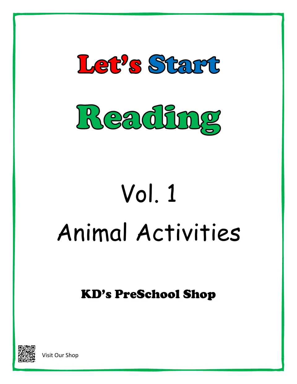 Cover of Let's Start Reading Vol. 1 Animal Activities from KD's PreSchool Shop, a packet of early reading pages