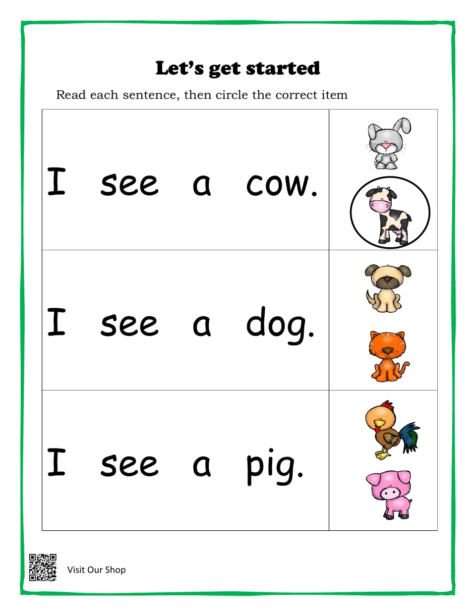 Let's get started: students read I see a cow, dog and pig, then circle the matching animal picture; the cow is a model
