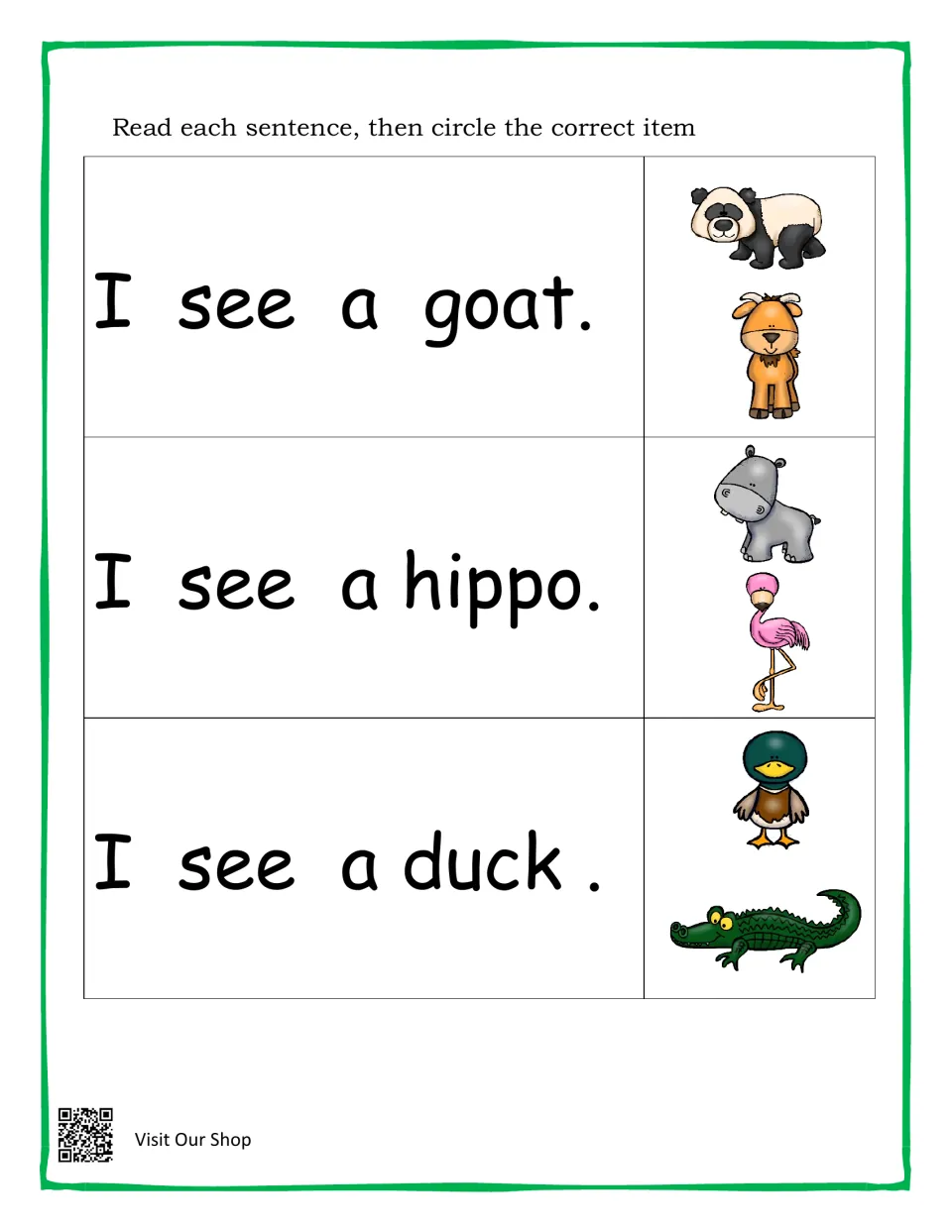 Reading simple sentences: students read I see a goat, hippo and duck, then circle the right animal from two picture choices