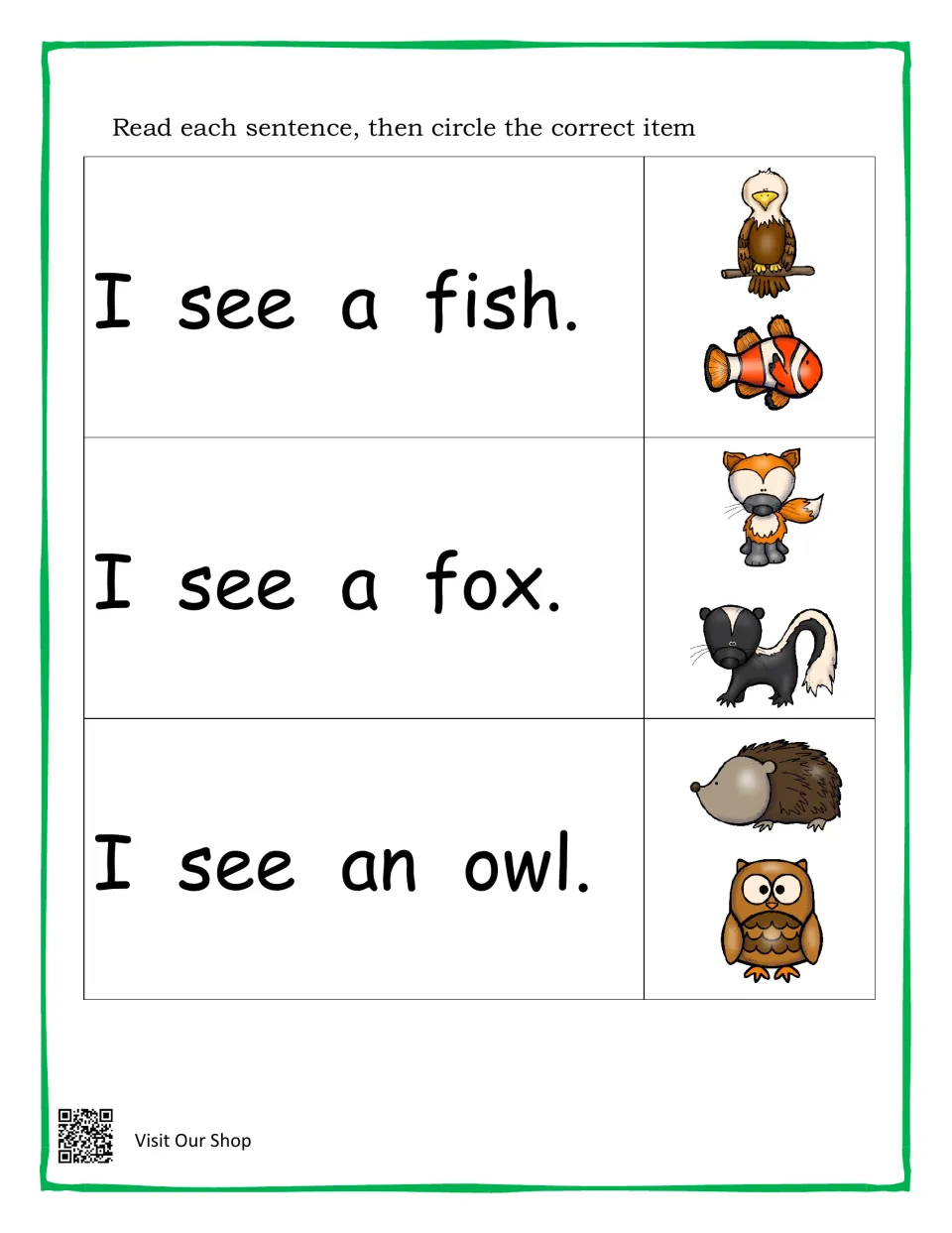 Sentence reading: students read I see a fish, a fox and an owl, then circle it over an eagle, skunk or hedgehog