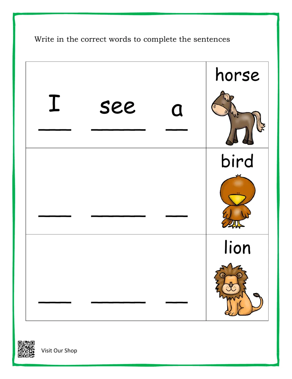 Sentence writing: students copy I see a to complete sentences for horse, bird and lion pictures; first row is modeled