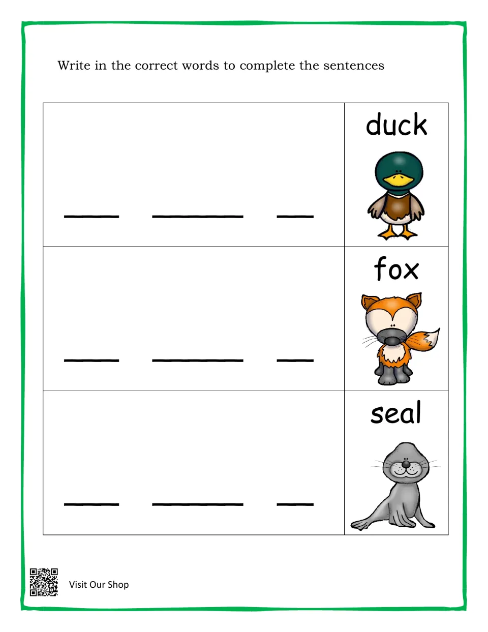 Writing animal sentences: students fill in I see a beside labeled pictures of a duck, a fox and a seal