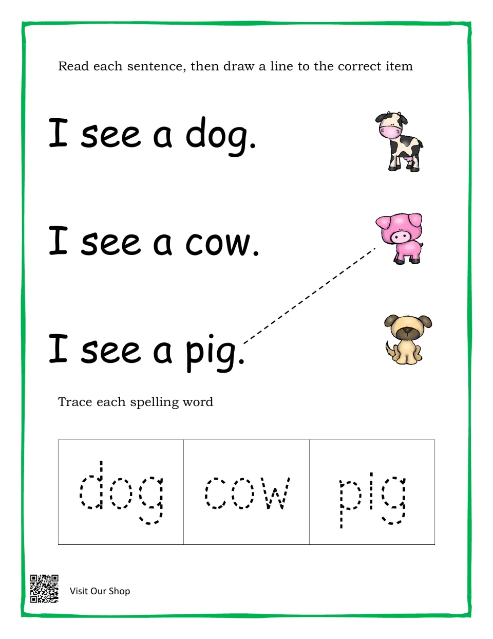 Read and match: students draw lines from I see a dog, cow and pig to the right animal, then trace dog, cow and pig
