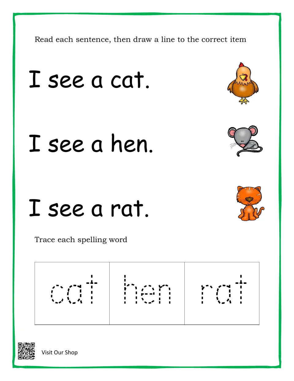 Sentence matching: students connect I see a cat, hen and rat to the correct picture, then trace cat, hen and rat