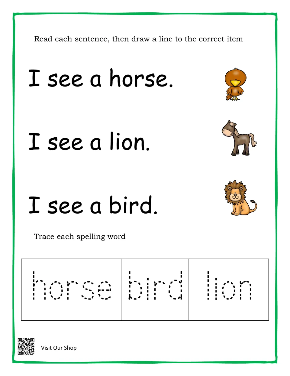 Reading and tracing: students match I see a horse, lion and bird to each animal picture, then trace horse, bird and lion