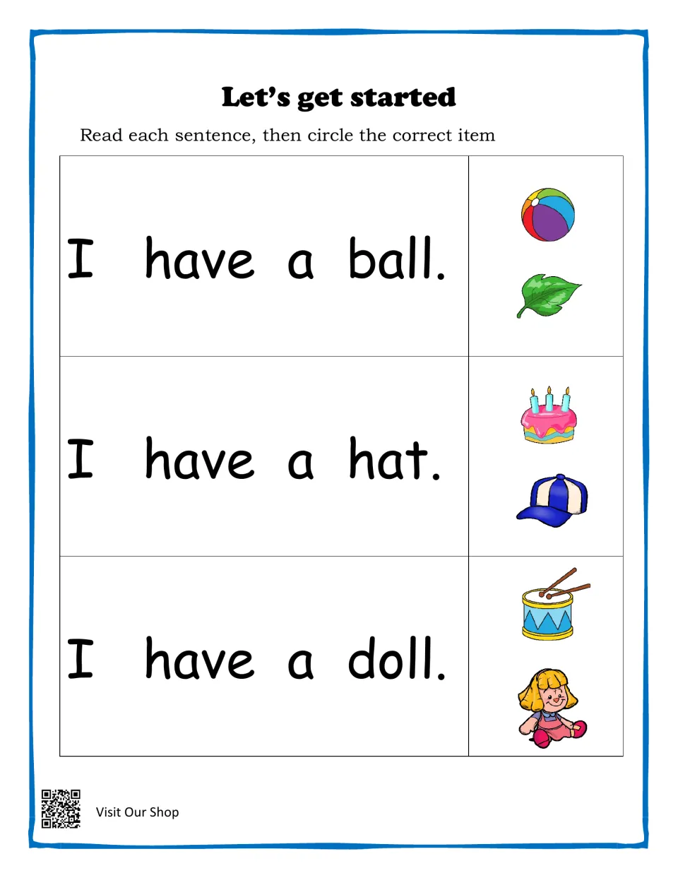 Let's get started: students read I have a ball, hat and doll, then circle the matching picture from two choices