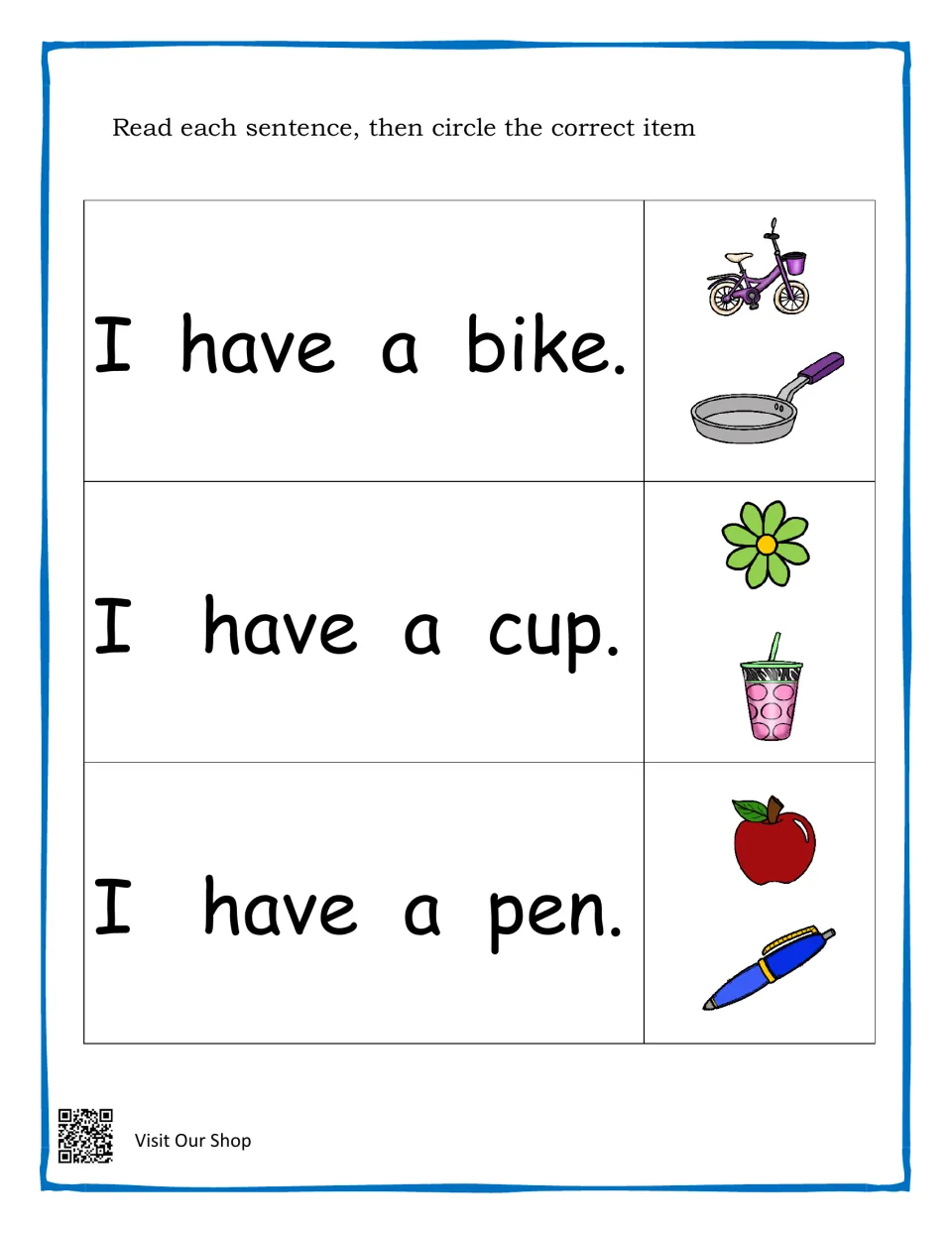 Sentence-picture match: students read I have a bike, cup and pen and circle the right picture beside each sentence