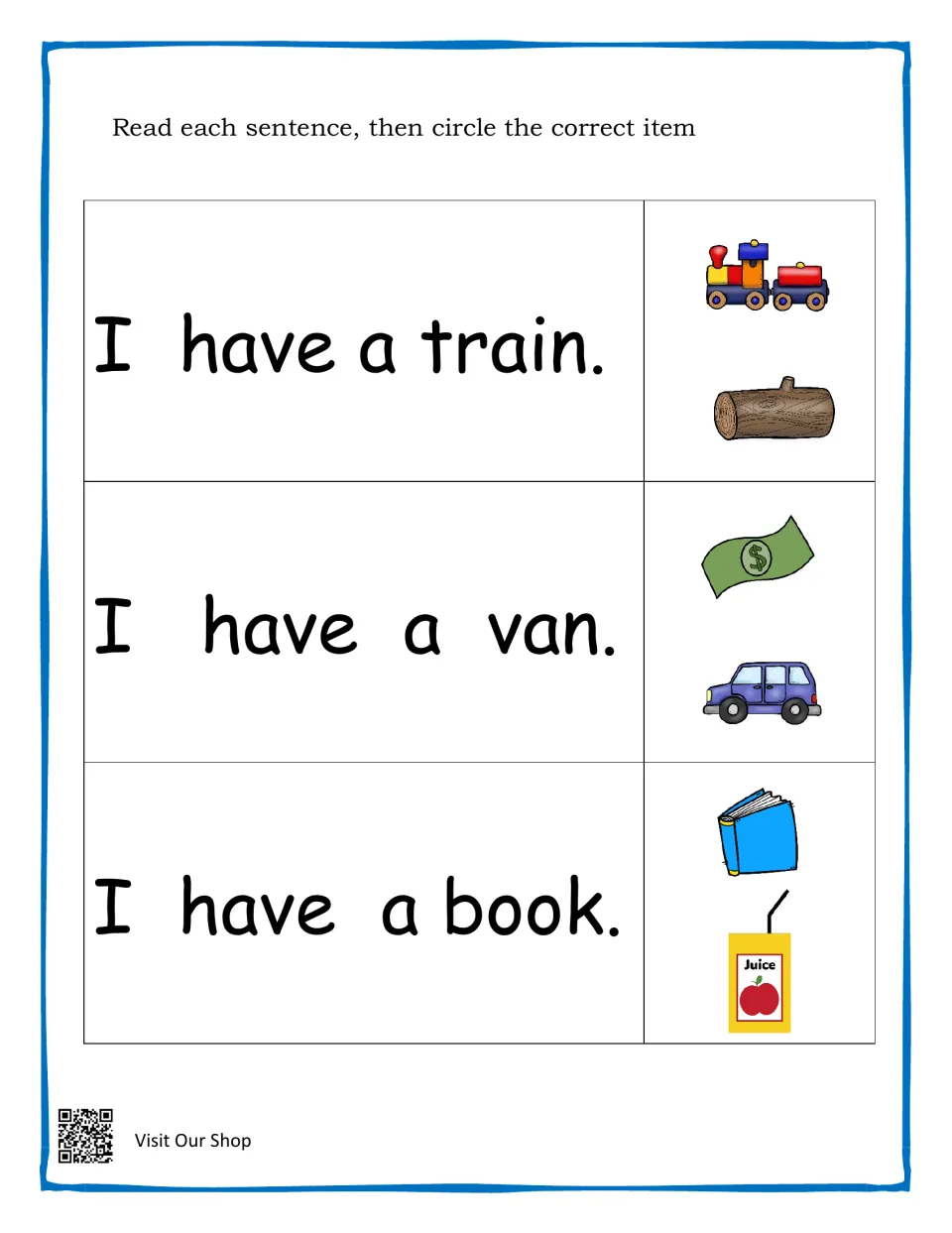 Reading for meaning: students read I have a train, van and book, then circle the correct picture out of two options