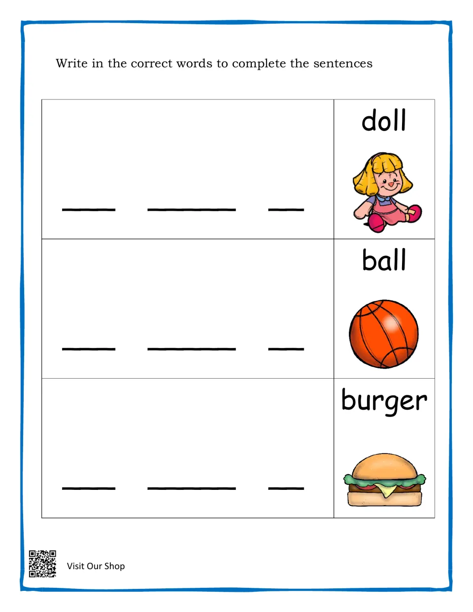 Writing sentences: students fill blanks to write I have a doll, I have a ball and I have a burger from labeled pictures