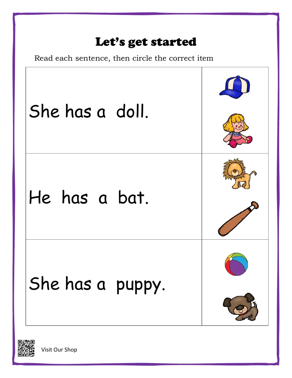 Reading practice: circle pictures for the sentences 'She has a doll,' 'He has a bat,' and 'She has a puppy.'