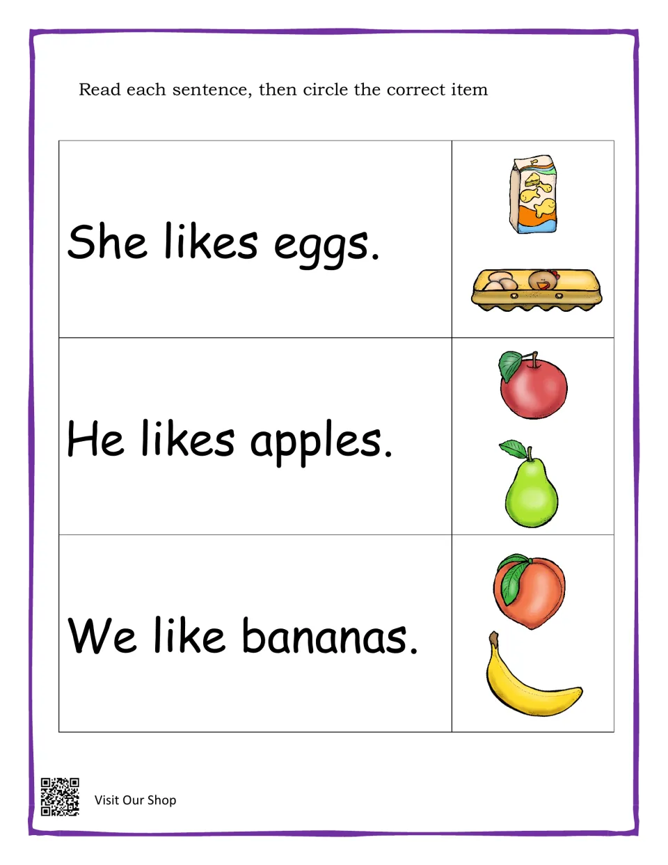Reading practice: circle pictures for 'She likes eggs,' 'He likes apples,' and 'We like bananas.'