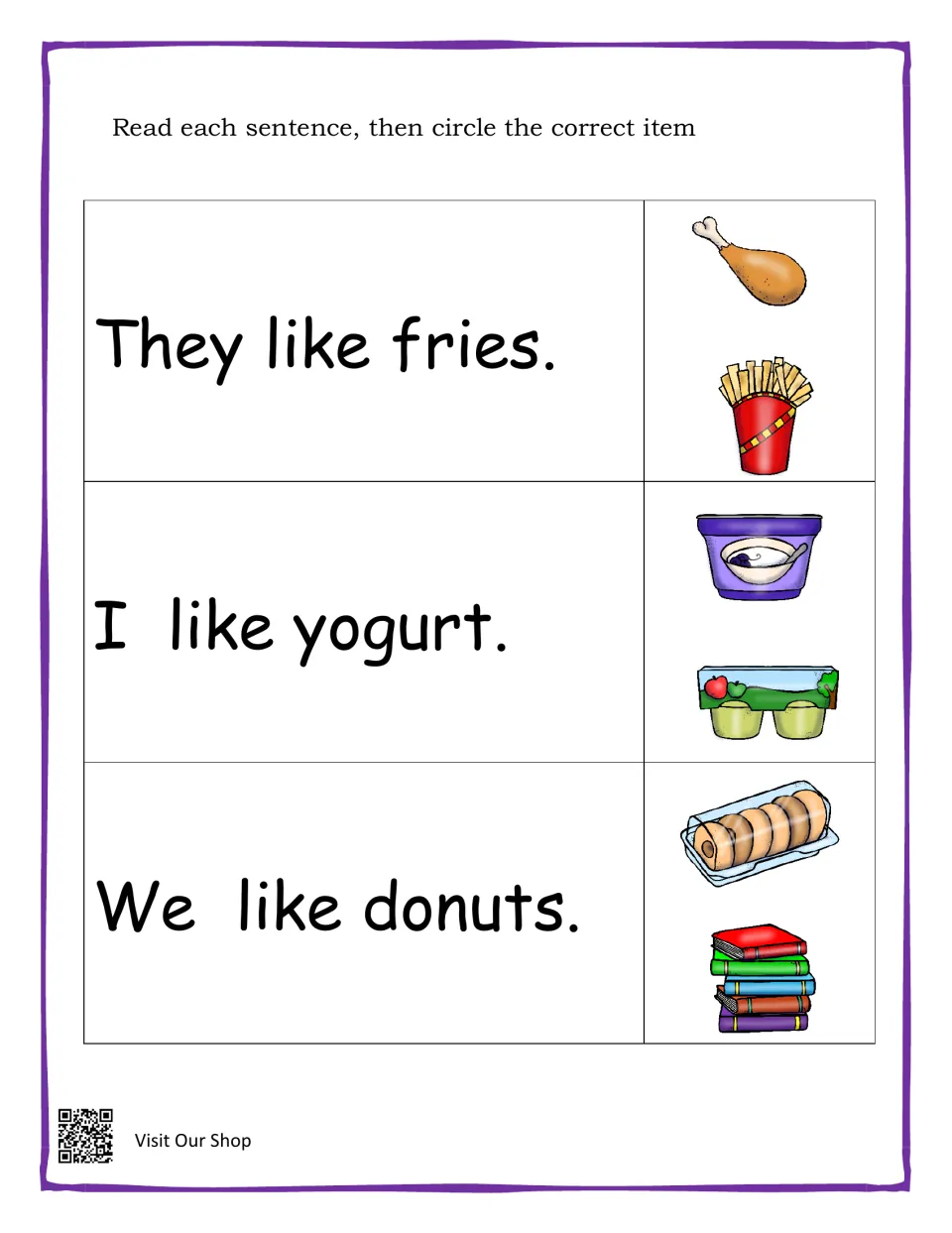 Reading practice: circle pictures for 'They like fries,' 'I like yogurt,' and 'We like donuts.'