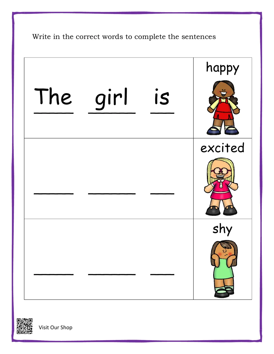 Sentence-completion practice uses 'The girl is' and pictures labeled happy, excited, and shy as prompts.