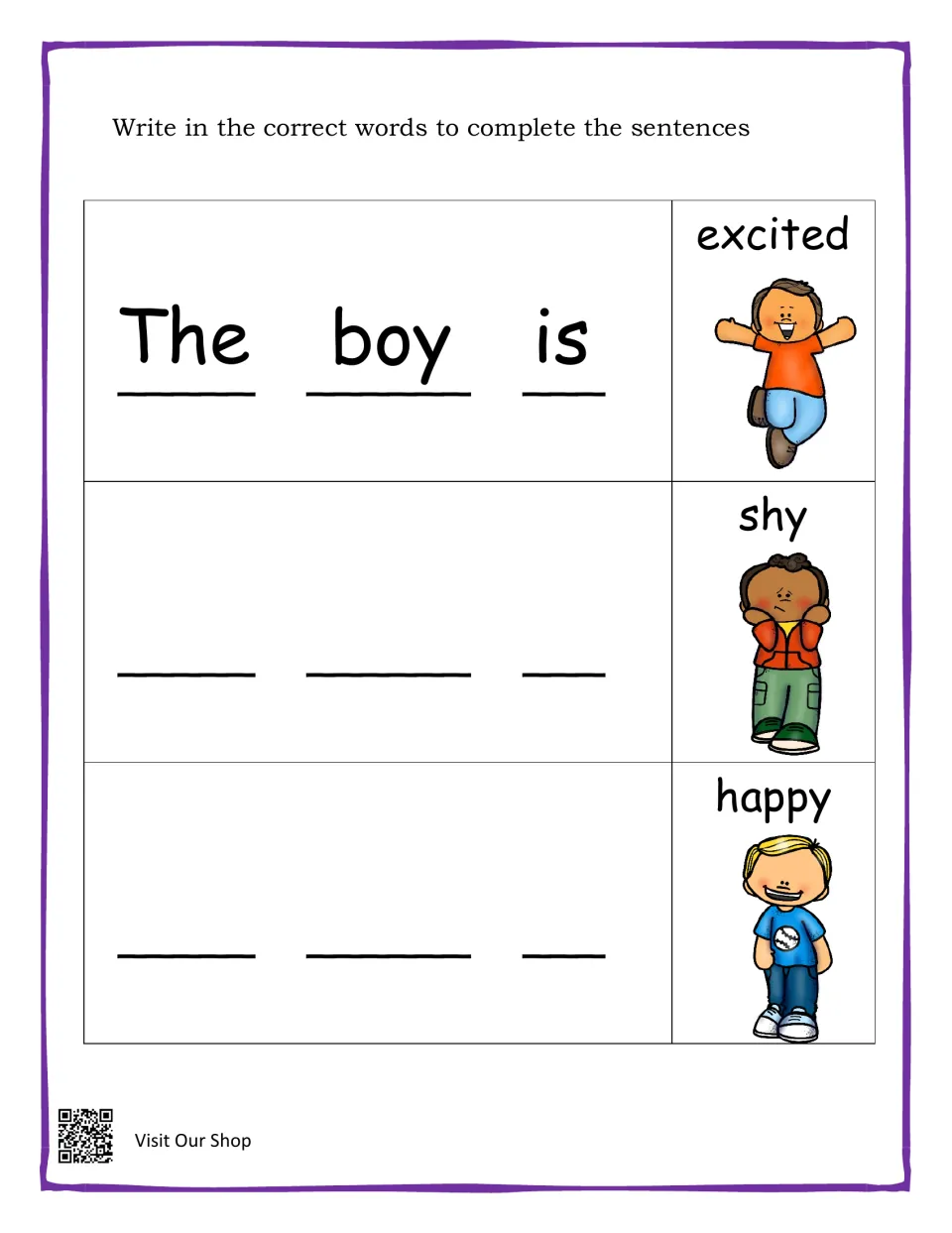 Sentence-completion practice uses 'The boy is' and pictures labeled excited, shy, and happy as prompts.