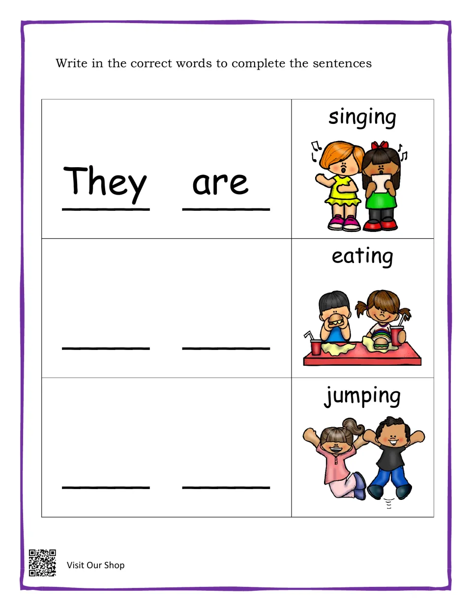 Sentence-completion practice uses 'They are' and pictures labeled singing, eating, and jumping as prompts.