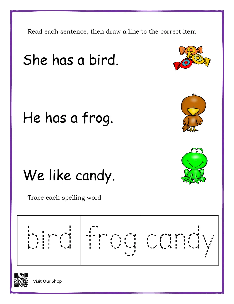Reading and spelling practice: match bird, frog, and candy sentences to pictures, then trace those words.