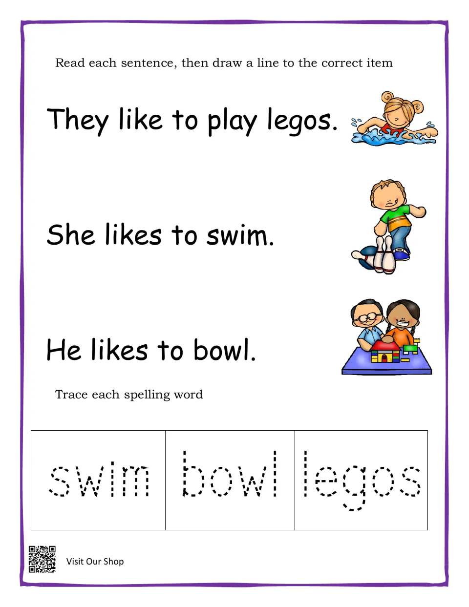 Reading and spelling practice: match play, swim, and bowl sentences to pictures; trace swim, bowl, legos.