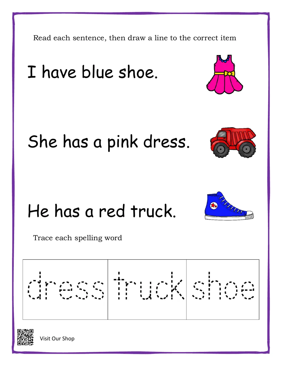 Reading practice: match blue shoe, pink dress, and red truck sentences to pictures; trace dress, truck, shoe.