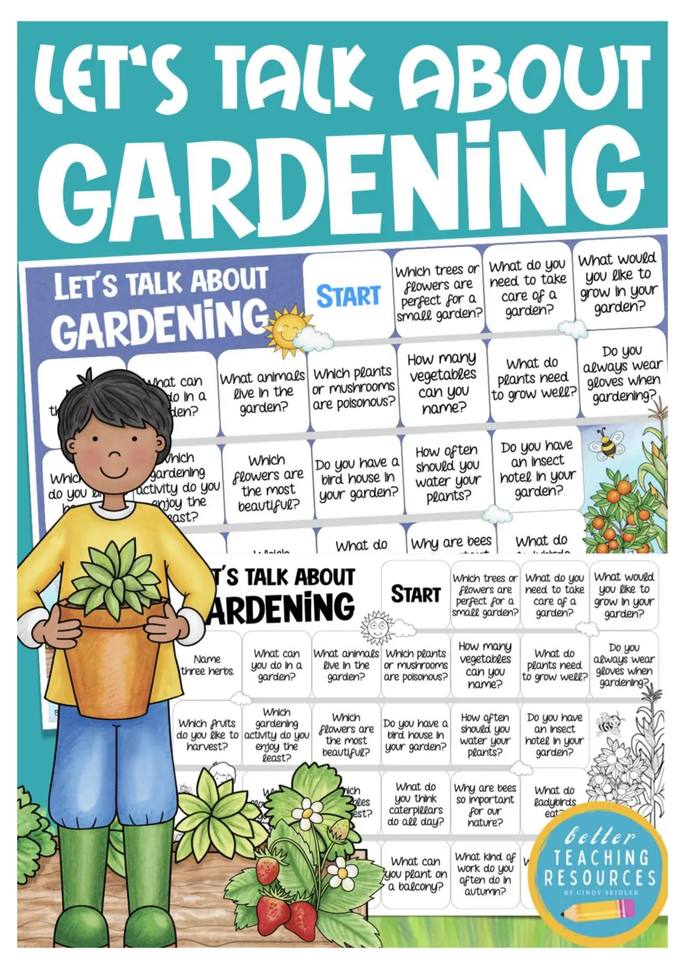 Let's Talk About Gardening Board Game cover showing previews of the color and black-and-white game boards