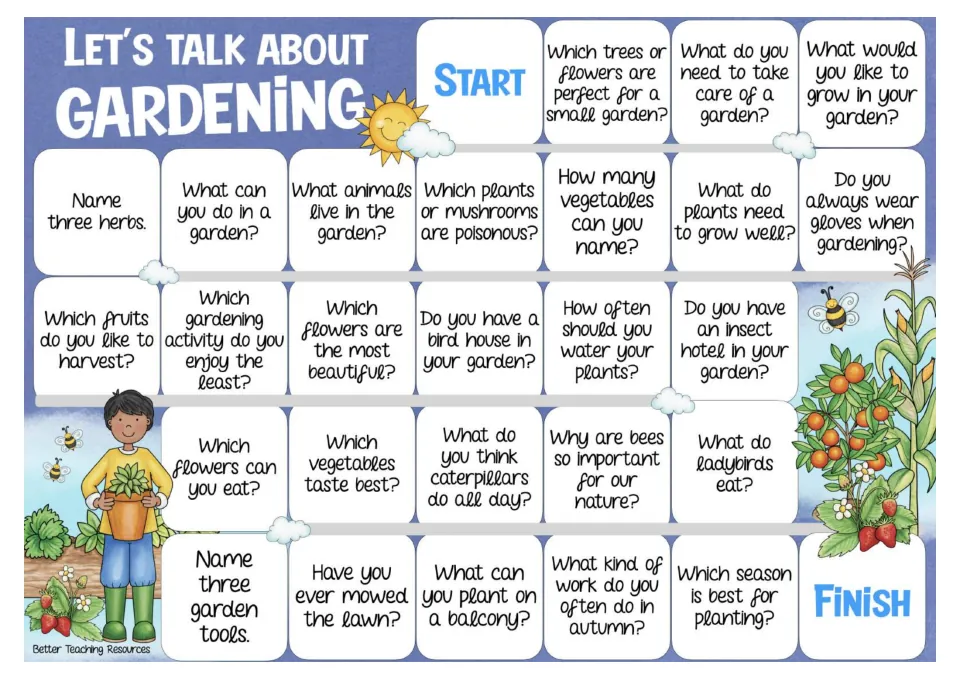 Color gardening game board with 26 prompts about herbs, garden animals, plant care, tools, and planting