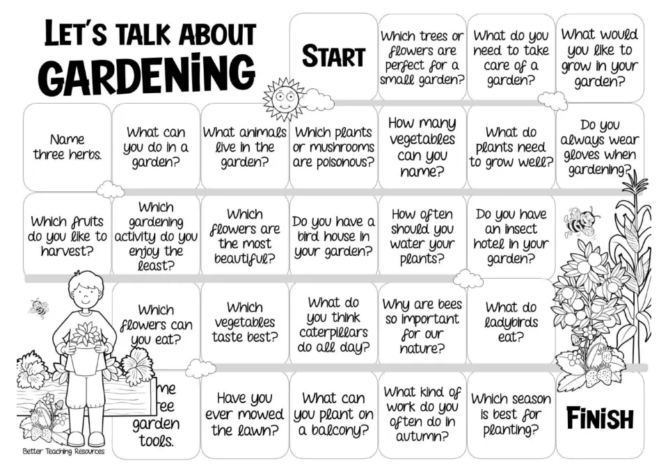 Black-and-white gardening game board repeating the 26 prompts about plants, insects, and garden tasks