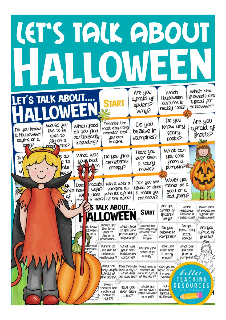 Halloween speaking board game cover showing color and black-and-white boards of question spaces from Start to Finish