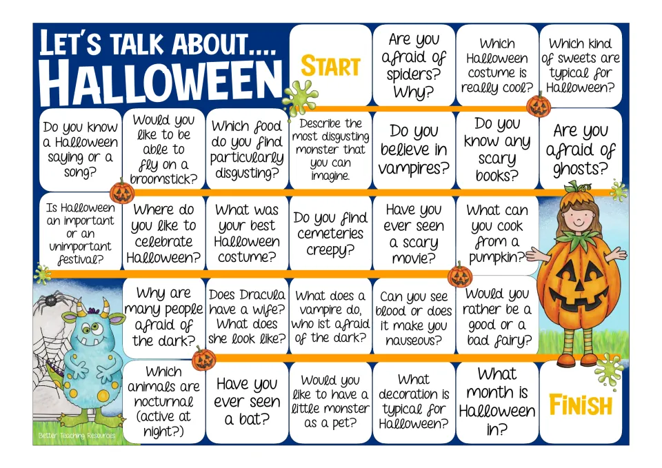Color Halloween board game: players move from Start to Finish answering questions about spiders, costumes and bats