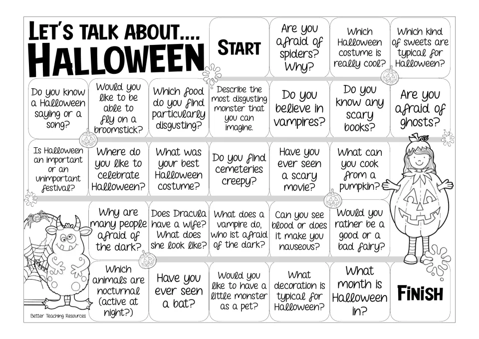 Black-and-white Halloween question board: students answer prompts like Do you believe in vampires? on the way to Finish