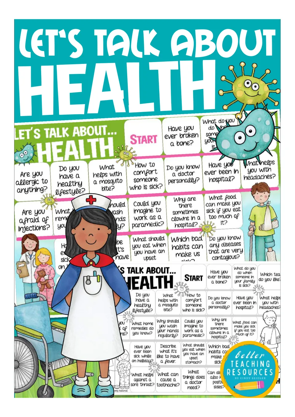 Let's Talk About Health cover: color and black-and-white board game previews with health question squares