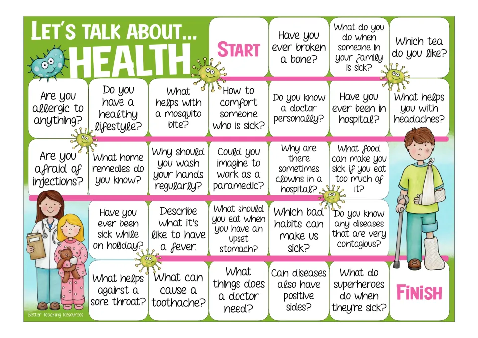 Health speaking game in color: players move from Start to Finish answering questions like allergies and handwashing