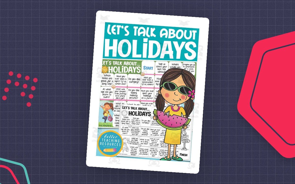 Let’s Talk About Holidays cover with a colorful discussion-game board, question spaces, a child in sunglasses, and small holiday scenes.