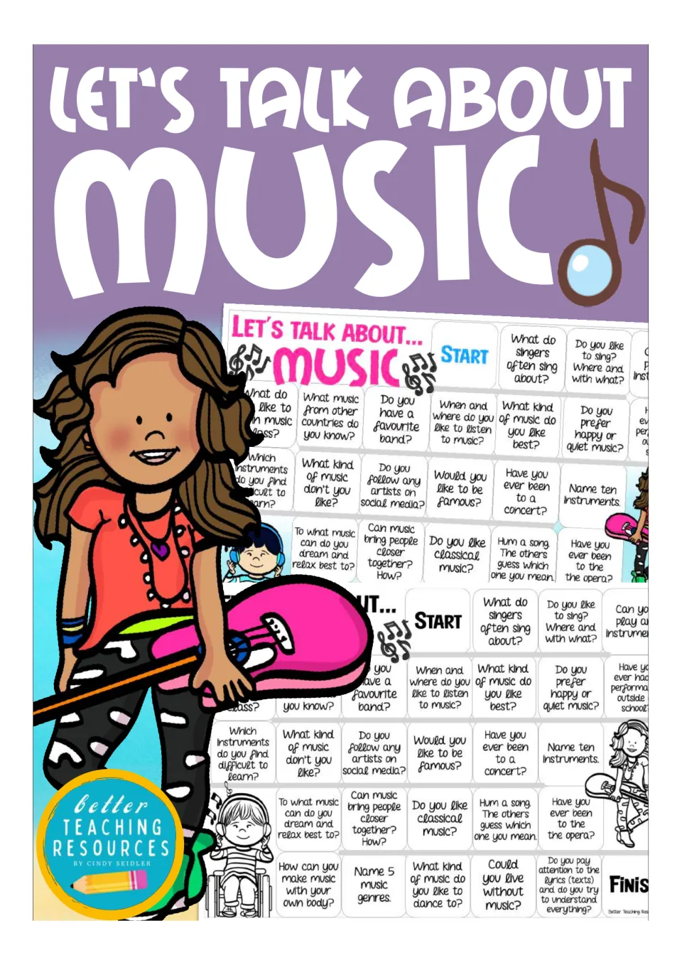 Music conversation board game cover showing color and black-and-white boards with a girl holding a pink guitar