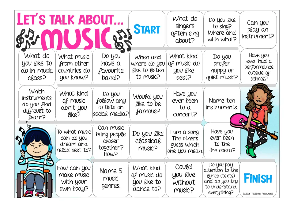 Music speaking board game in color: players move from Start to Finish answering questions like Can you play an instrument?