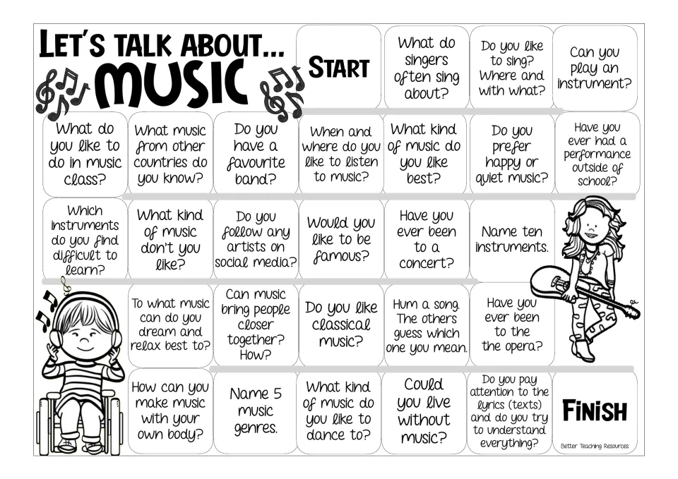 Black-and-white music board game: spaces ask about concerts, favourite bands and humming a song for others to guess