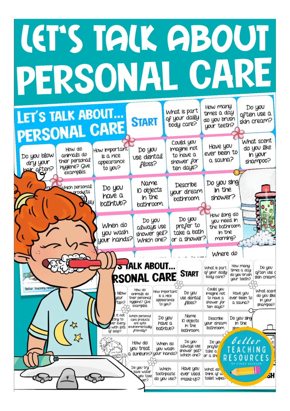 Personal care conversation game cover: color and black-and-white boards with question spaces and a girl brushing teeth