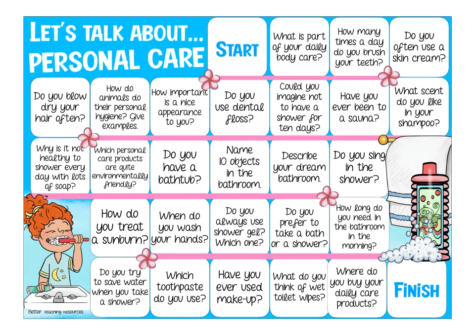 Color hygiene board game: players move from Start to Finish answering questions on teeth, showers and hand washing