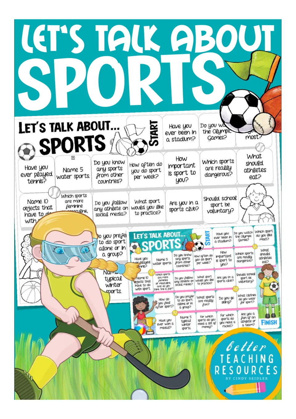 Cover for a speaking board game about sports, previewing the colour and black-and-white game boards with question squares