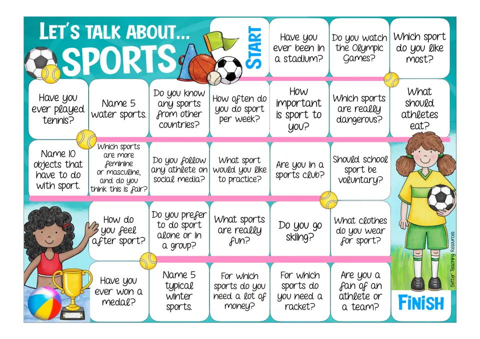 Sports speaking game, colour board: players move Start to Finish answering prompts such as Name 5 water sports