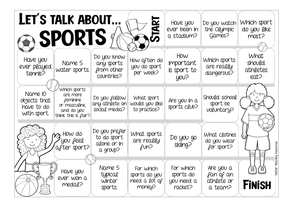 Black-and-white sports board: students answer questions like How often do you do sport per week? as they reach each square