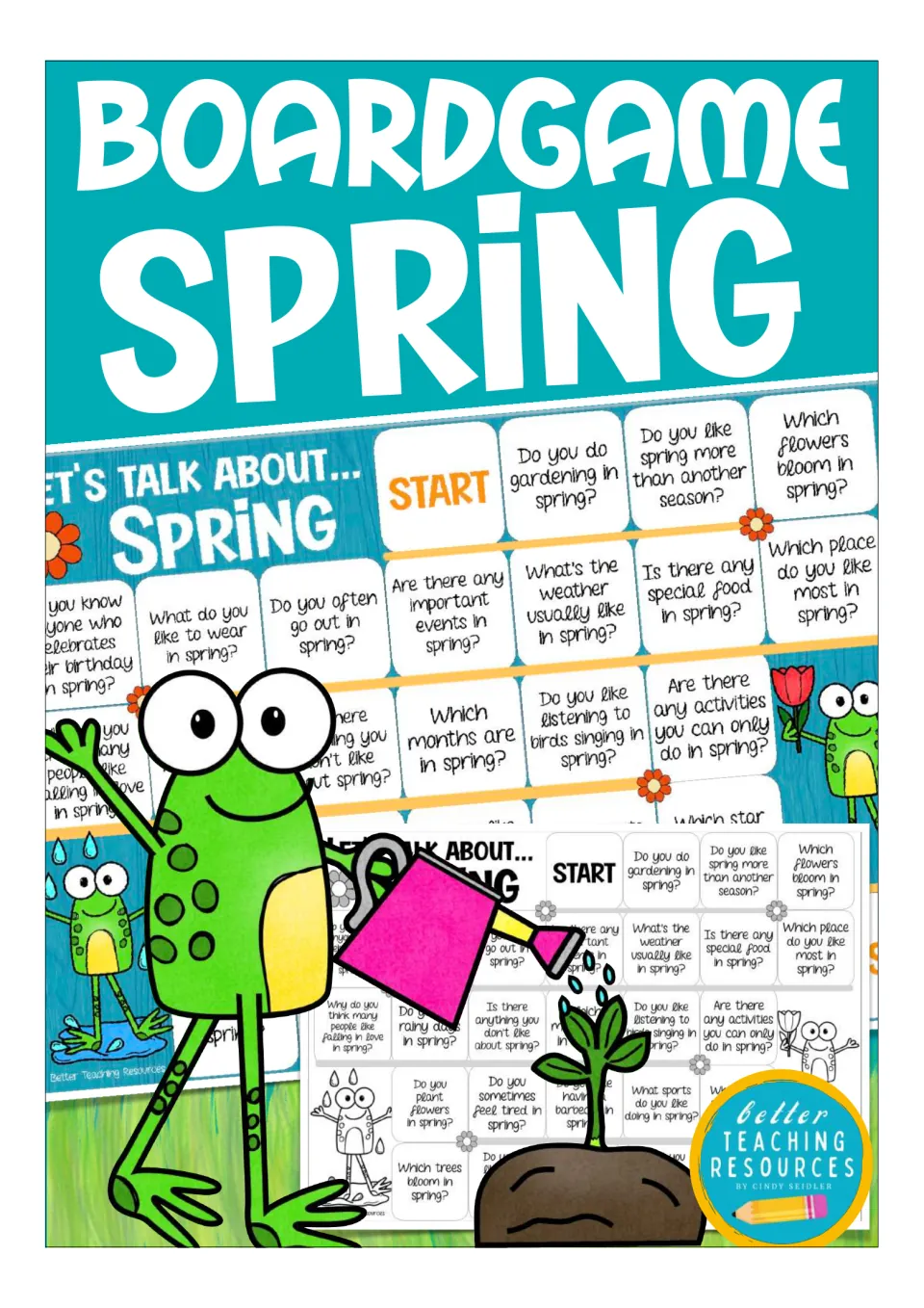 Spring board game cover showing the colour and black-and-white question boards with frog and watering can art