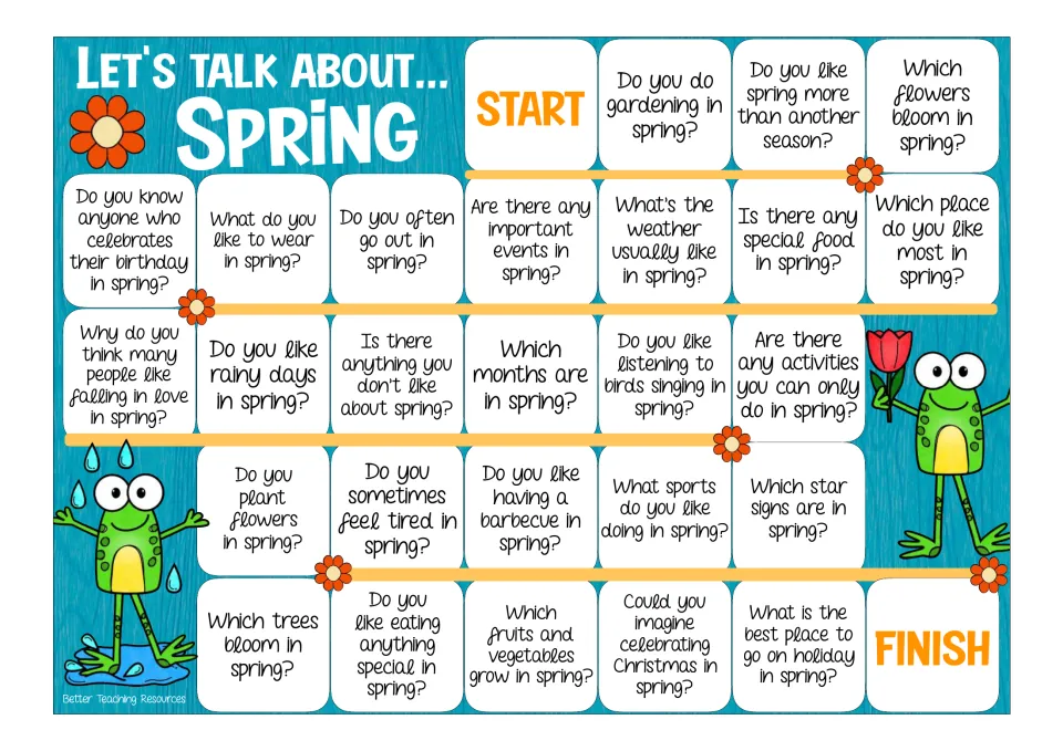 Spring conversation board game in colour: players answer questions on weather, flowers and holidays from START to FINISH