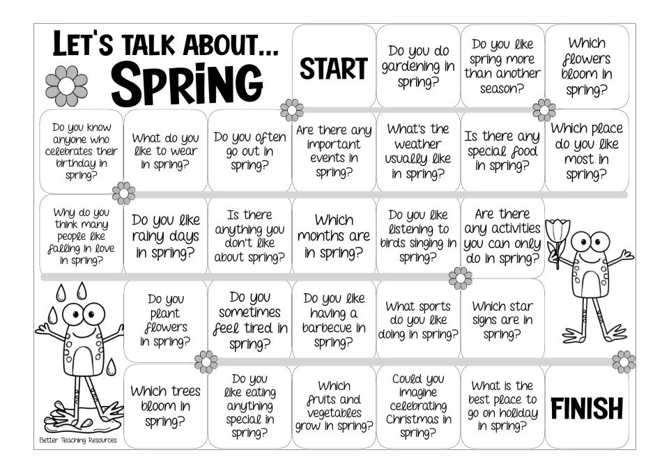 Black-and-white version of the spring question board: students talk about gardening, rainy days, sports and star signs