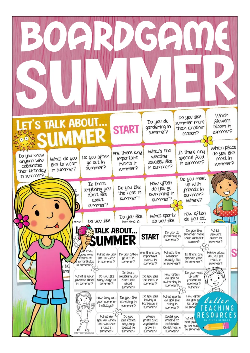 Summer board game cover showing the color and black-and-white boards with summer conversation question squares