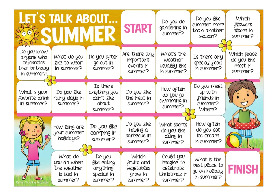 Summer speaking board game in color: players move START to FINISH answering questions on weather, food and holidays